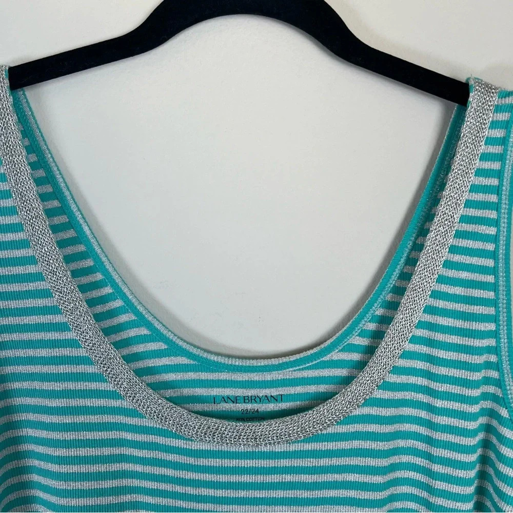 Lane Bryant Striped Metallic Tank Top Shirt Teal Silver Ribbed Stretch NEW 22/24 - Picture 3 of 8